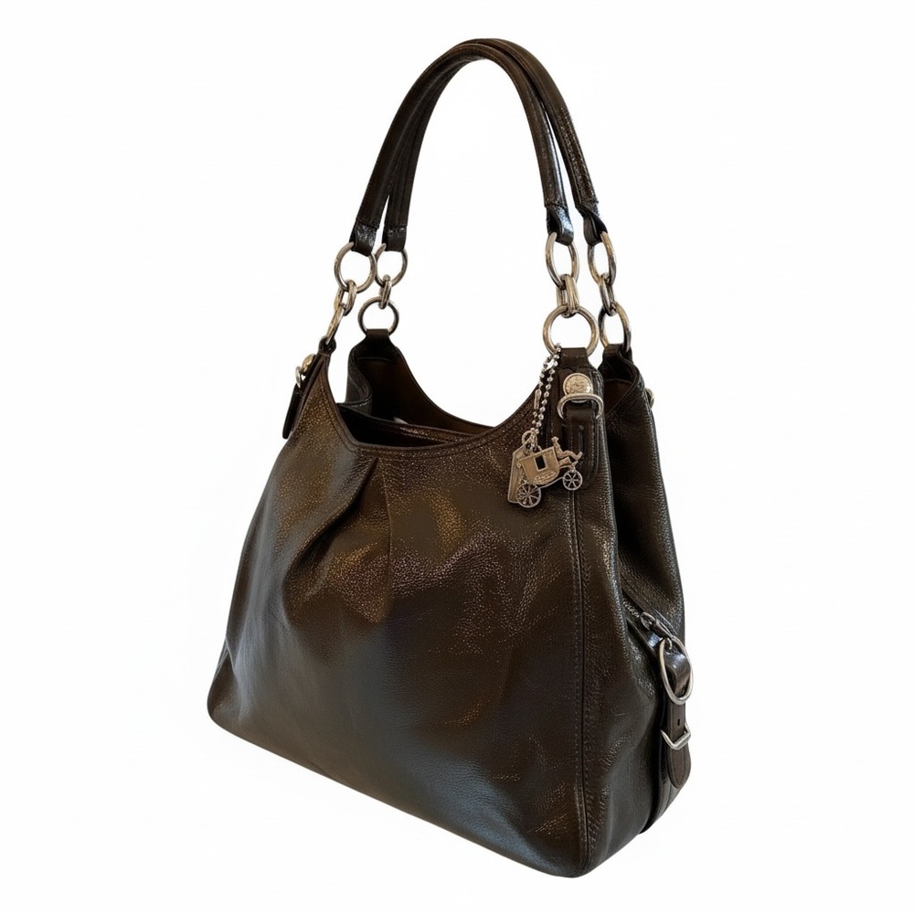 Sold*****Coach Mia Dark Grey/Black Elegant  Leather Handbag Hobo with horse and